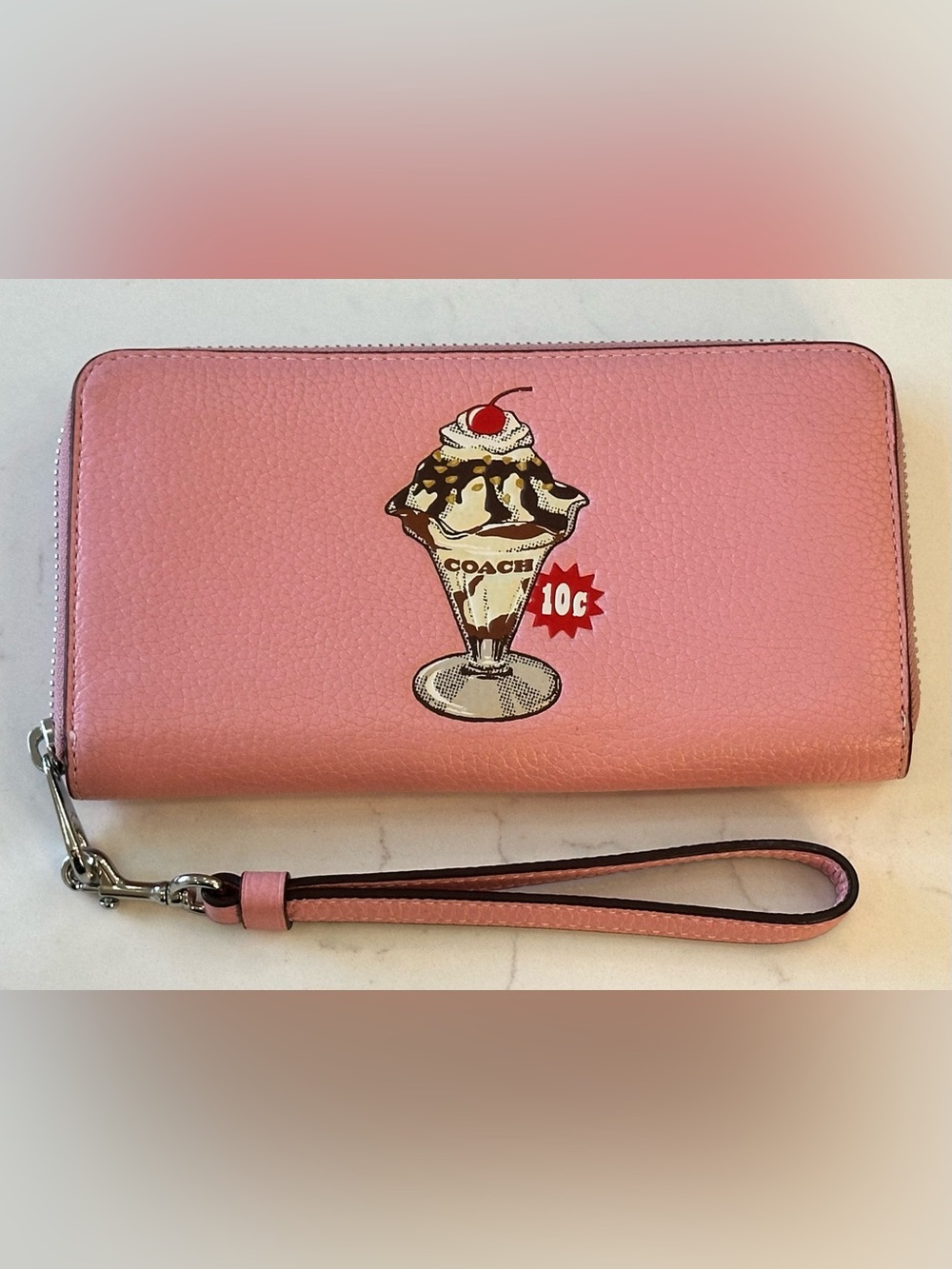 Coach Pink Zip-Around Wristlet Wallet with Sundae Motif